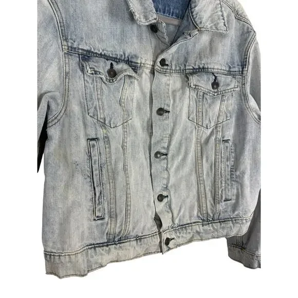 Free People Paisley Quilted Denim Jacket Trucker Boho Hippie Oversized Baggy M/L